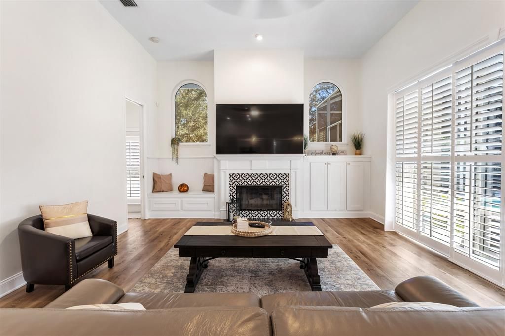 Fireplace, Interior, Living room, Recessed Lighting, Wood Texture Flooring