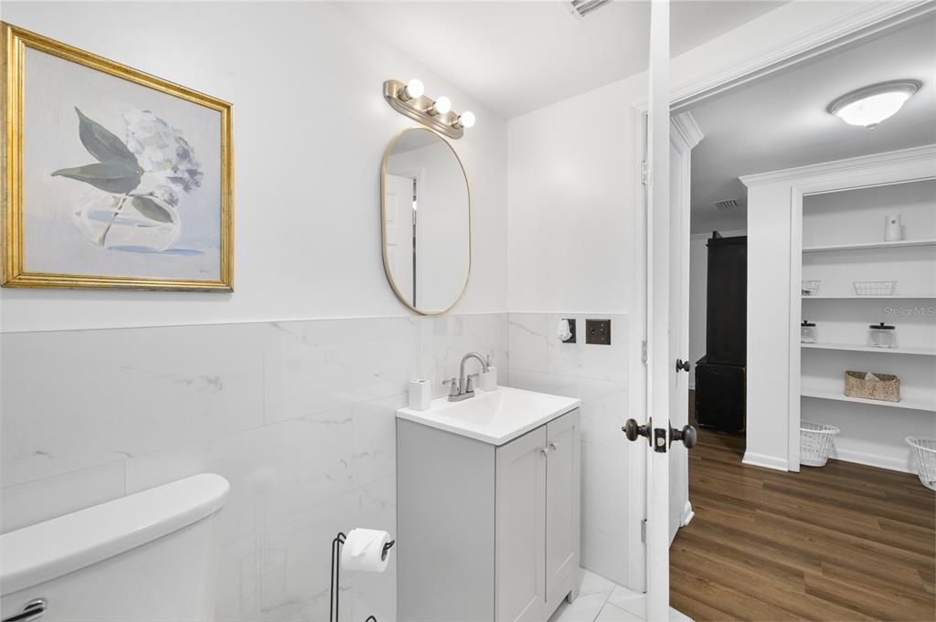 Bathroom, Interior, Marble Walls, Wood Texture Flooring