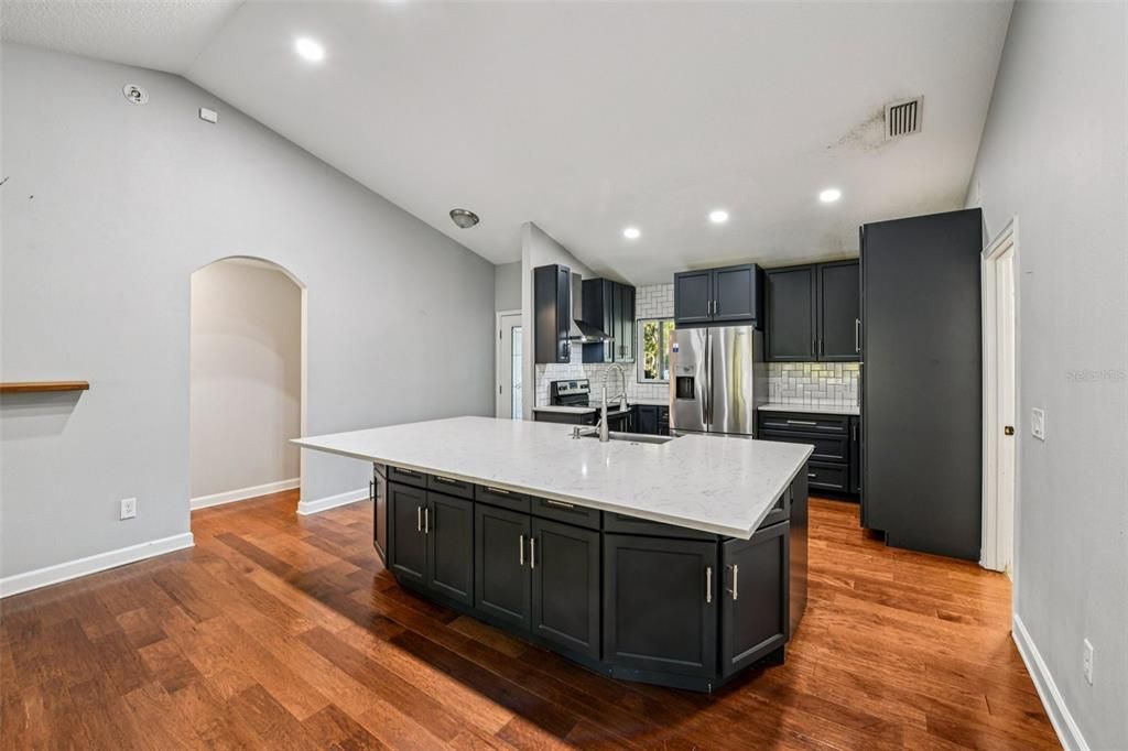Interior, Kitchen, Recessed Lighting, Stainless Steel Appliances, Wood Texture Flooring