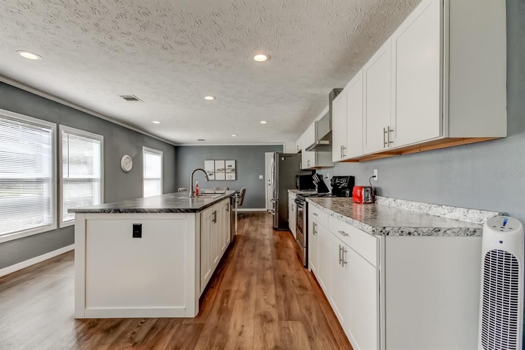 Interior, Kitchen, Recessed Lighting, Wood Texture Flooring