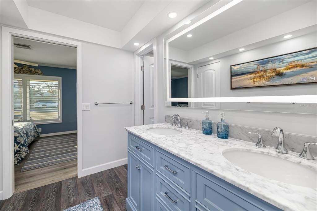 Bathroom, Dual Sink Vanities, Interior, Recessed Lighting, Wood Texture Flooring