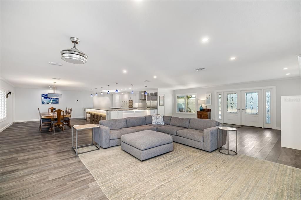 Dining room, Interior, Kitchen, Living room, Recessed Lighting, Stainless Steel Appliances, Wood Texture Flooring