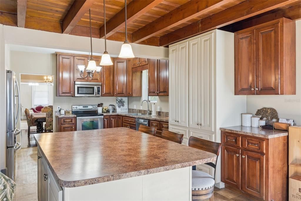 Interior, Kitchen, Pendant Lights, Stainless Steel Appliances, Wooden Beams, Wooden Ceilings