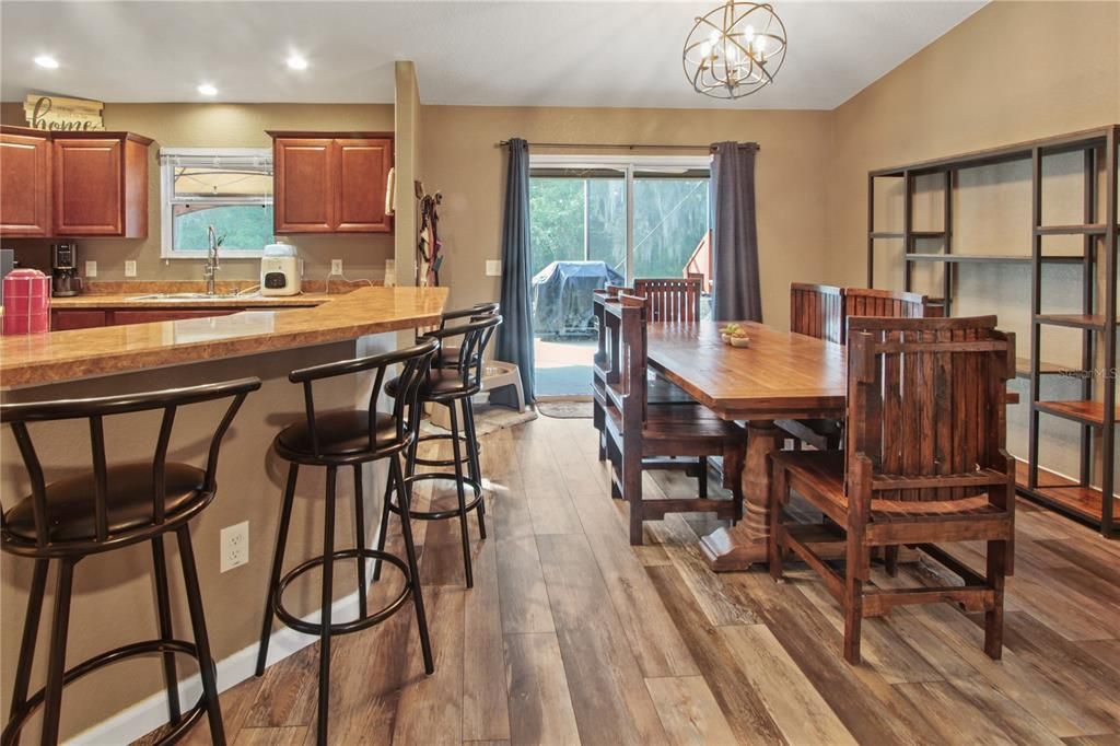 Dining room, Interior, Kitchen, Recessed Lighting, Wood Texture Flooring