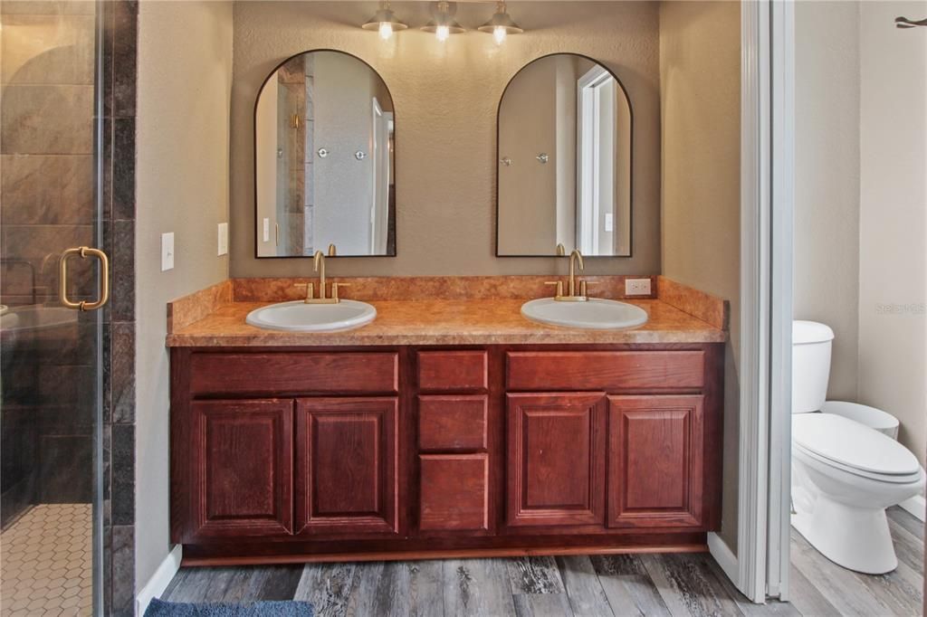 Bathroom, Dual Sink Vanities, Glass Shower, Interior, Wood Texture Flooring