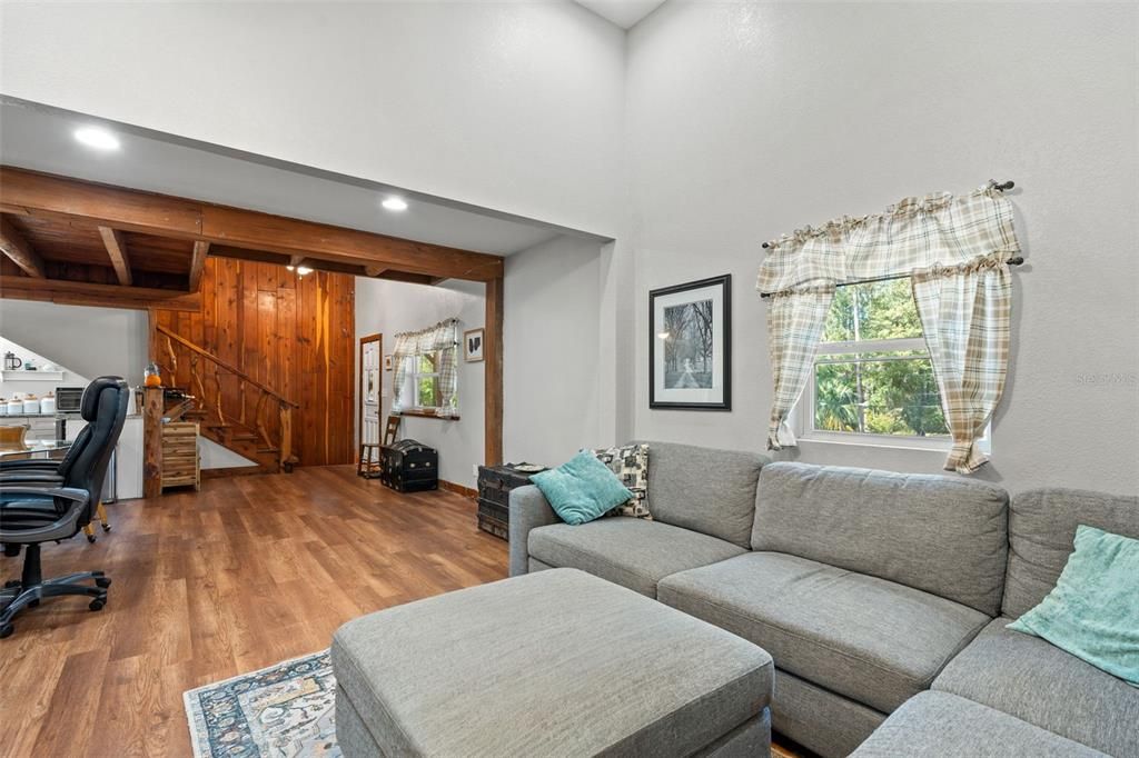 Home Office, Interior, Living room, Recessed Lighting, Wooden Beams, Wooden Ceilings, Wood Texture Flooring, Wooden Walls