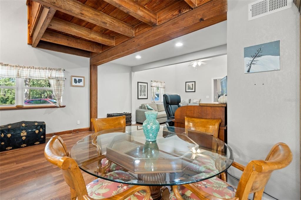 Dining room, Interior, Recessed Lighting, Wooden Beams, Wooden Ceilings, Wood Texture Flooring
