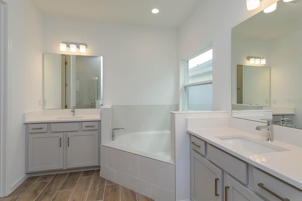 Bathroom, Dual Sink Vanities, Interior, Recessed Lighting, Wood Texture Flooring