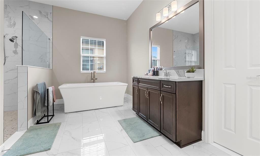 Bathroom, Dual Sink Vanities, Free Standing Baths, Glass Shower, Interior, Marble, Marble Walls