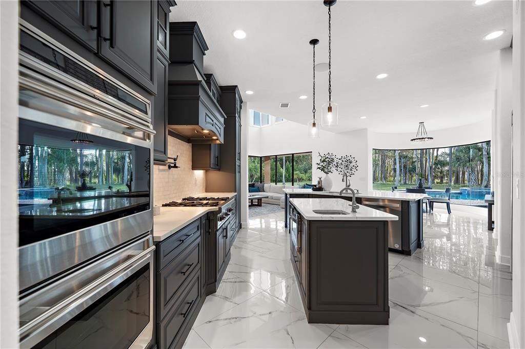 Interior, Kitchen, Marble, Pendant Lights, Recessed Lighting, Stainless Steel Appliances