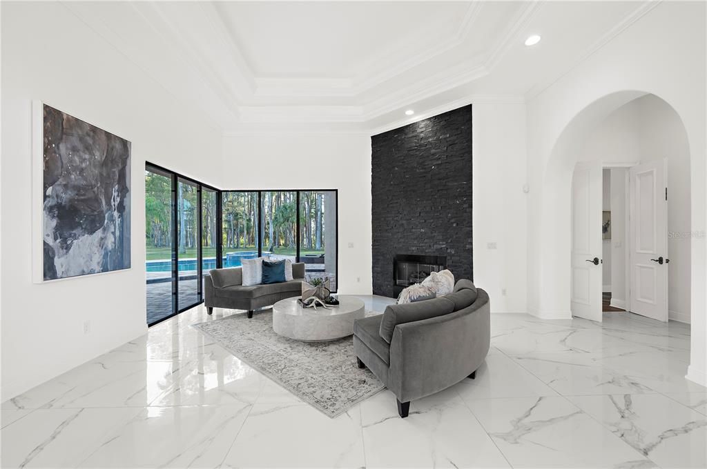 Fireplace, Interior, Living room, Marble, Recessed Lighting