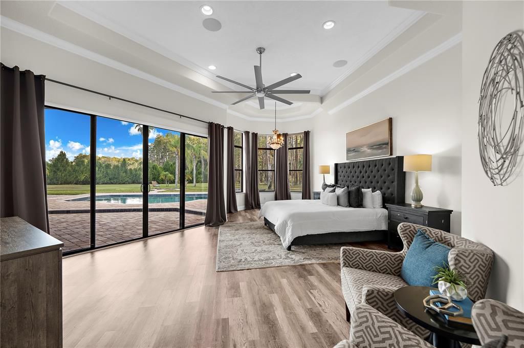 Bedroom, Interior, Pendant Lights, Recessed Lighting, Wood Texture Flooring