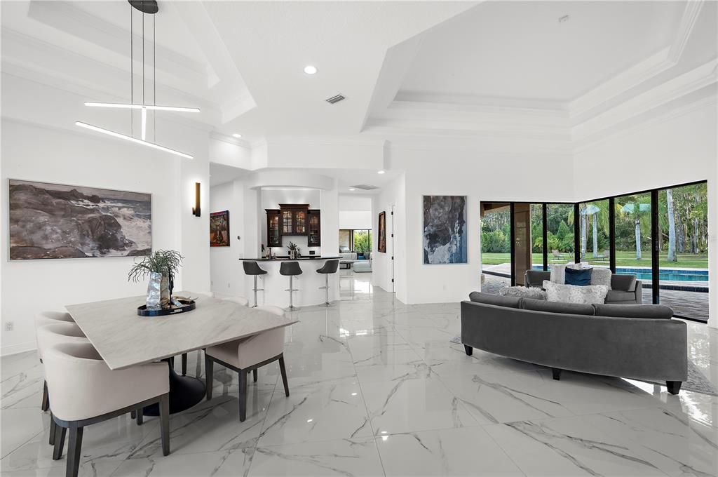 Dining room, Interior, Living room, Marble, Pendant Lights, Recessed Lighting