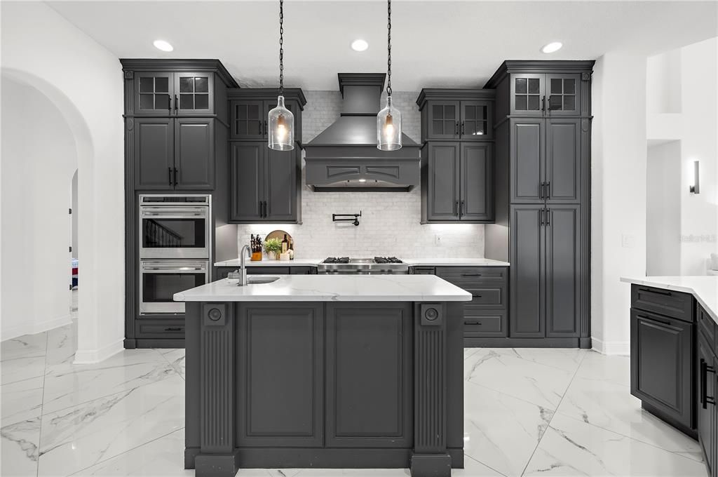 Interior, Kitchen, Marble, Pendant Lights, Recessed Lighting, Stainless Steel Appliances