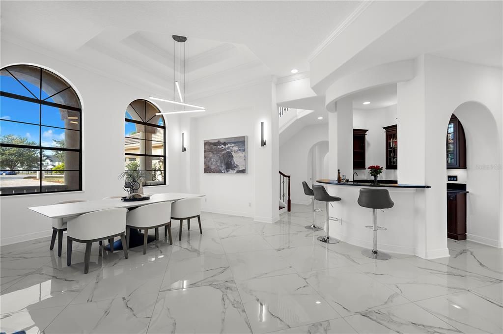 Dining room, Interior, Marble, Pendant Lights, Recessed Lighting