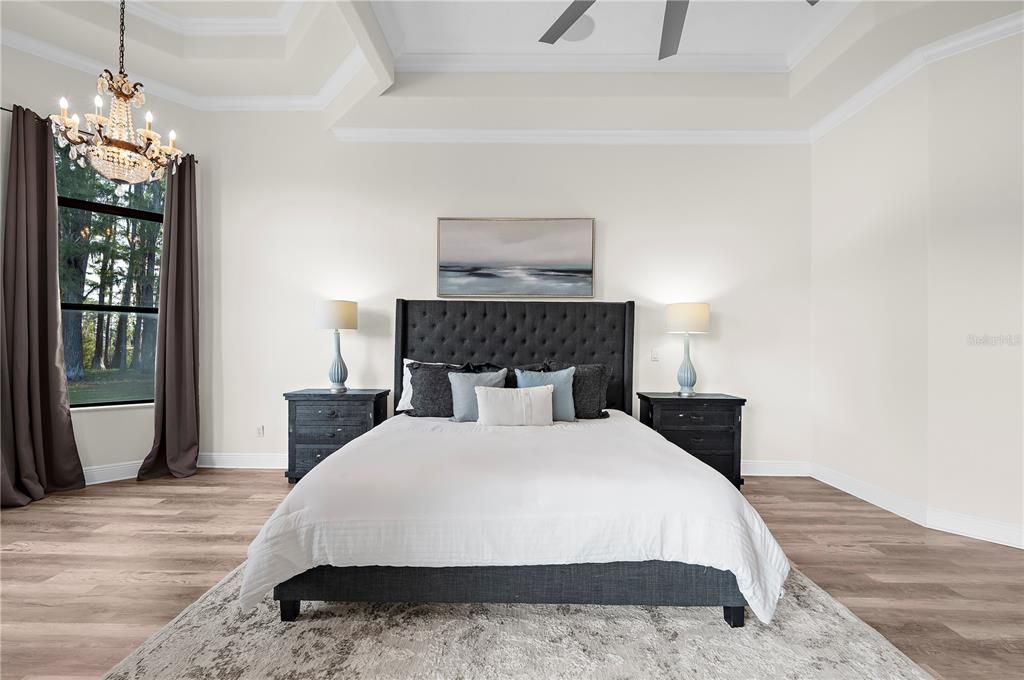 Bedroom, Chandelier, Interior, Pendant Lights, Wood Texture Flooring