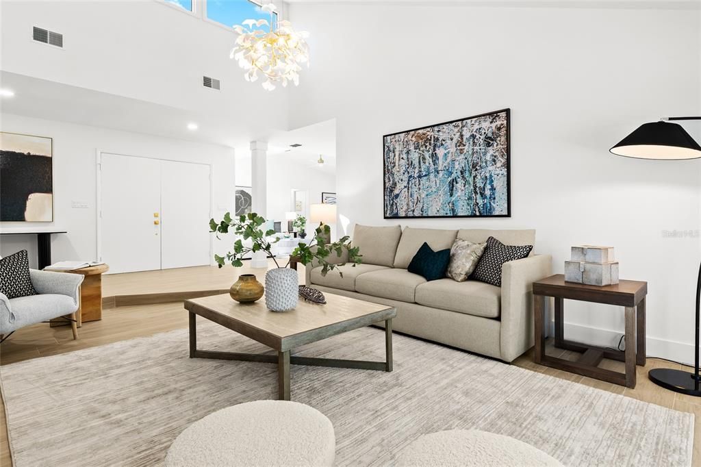 Chandelier, Interior, Living room, Recessed Lighting, Wood Texture Flooring