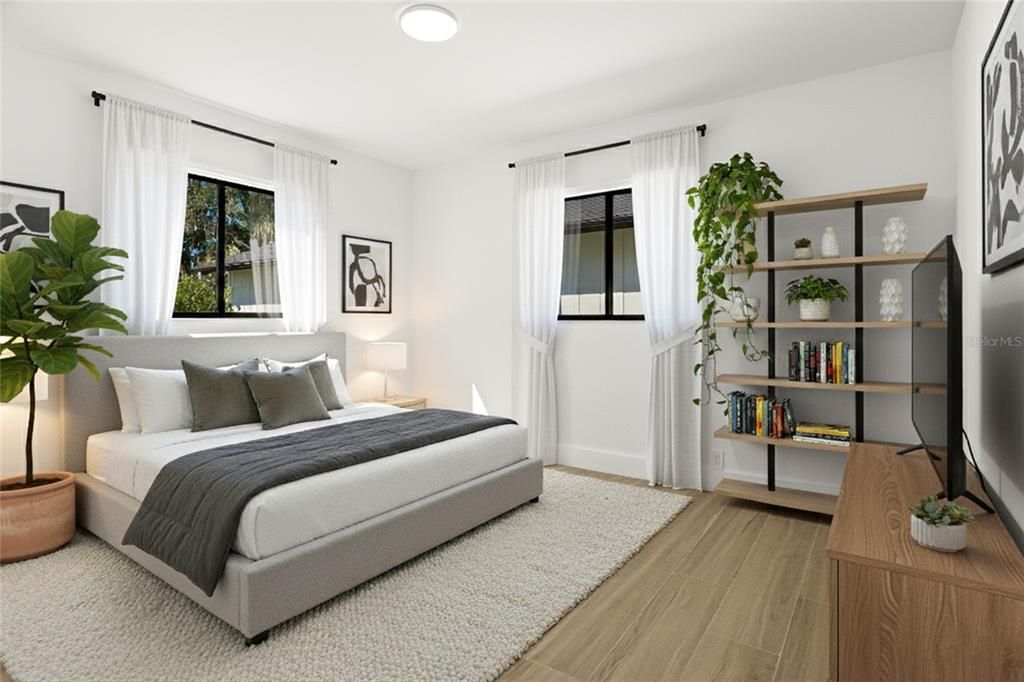 Bedroom, Interior, Recessed Lighting, Wood Texture Flooring