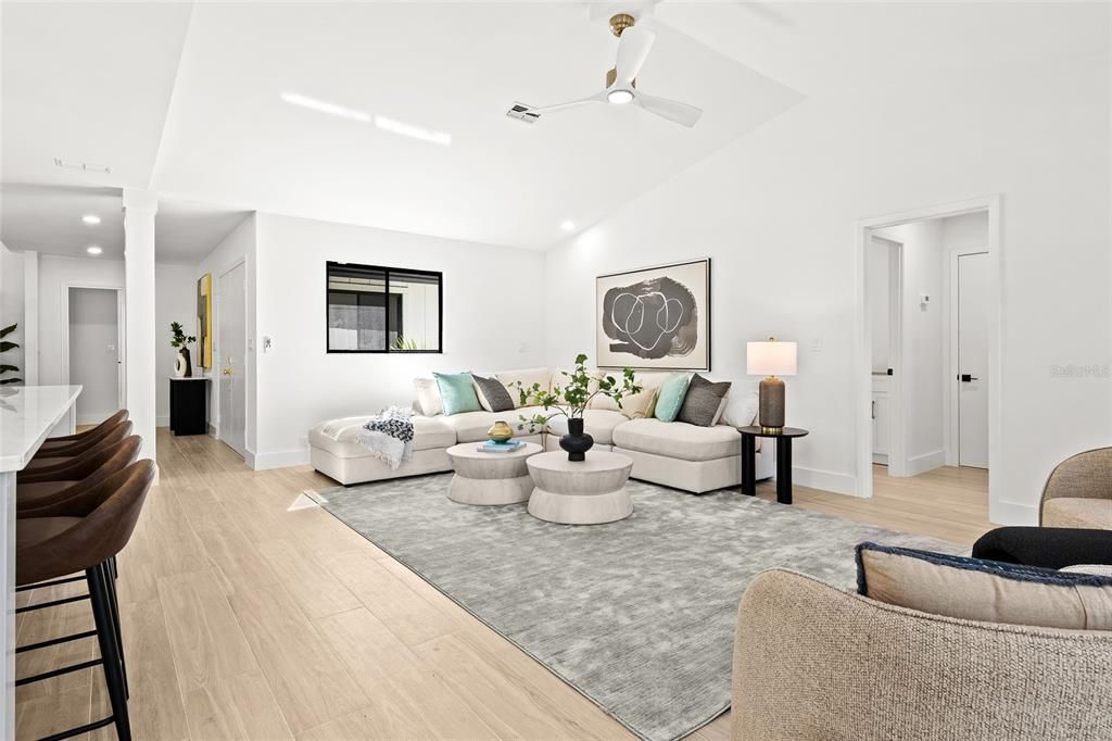 Interior, Living room, Recessed Lighting, Wood Texture Flooring