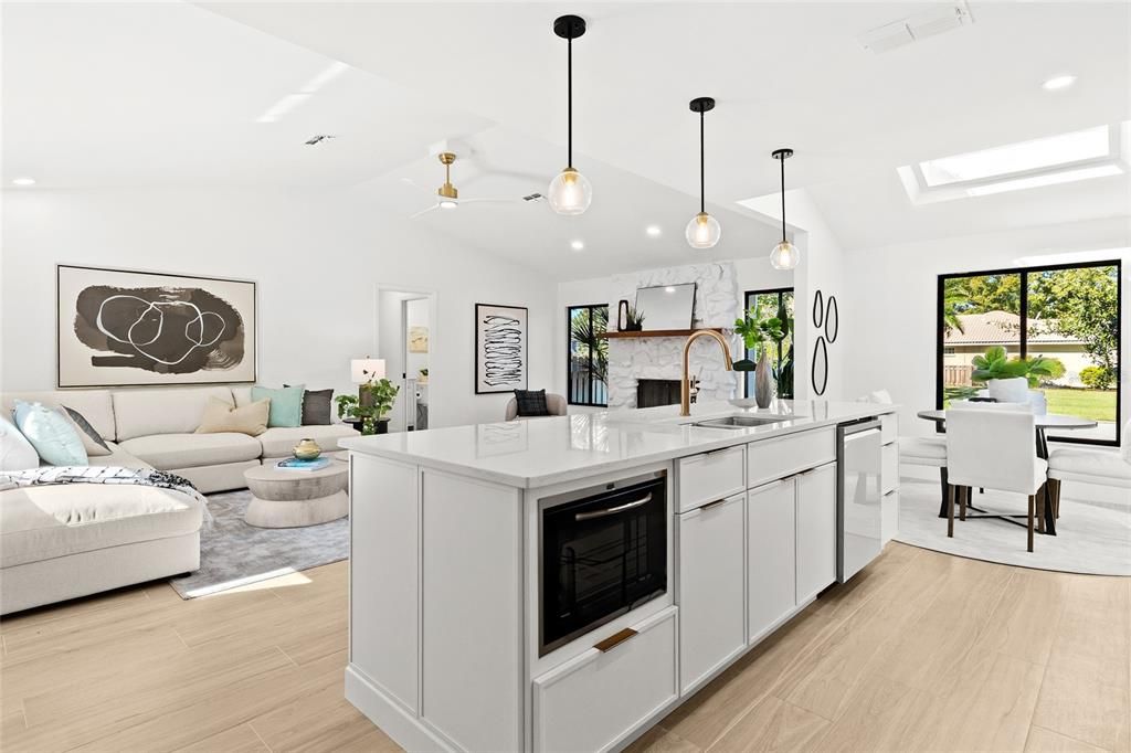 Dining room, Fireplace, Interior, Kitchen, Living room, Pendant Lights, Recessed Lighting, Wood Texture Flooring