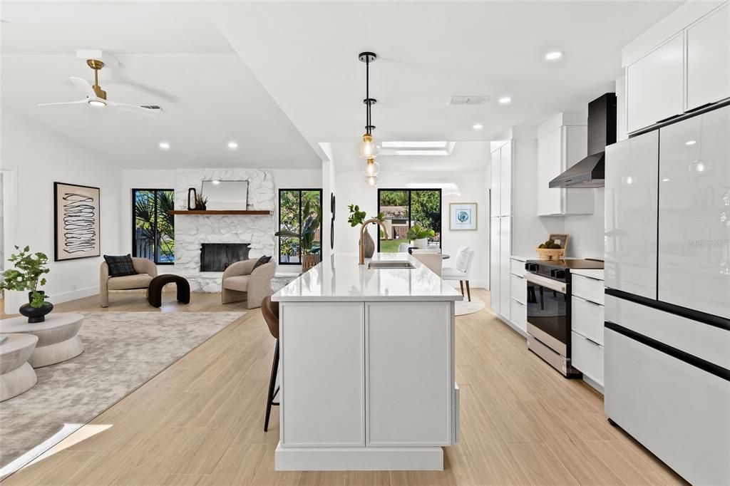 Dining room, Fireplace, Interior, Kitchen, Living room, Pendant Lights, Recessed Lighting, Wood Texture Flooring