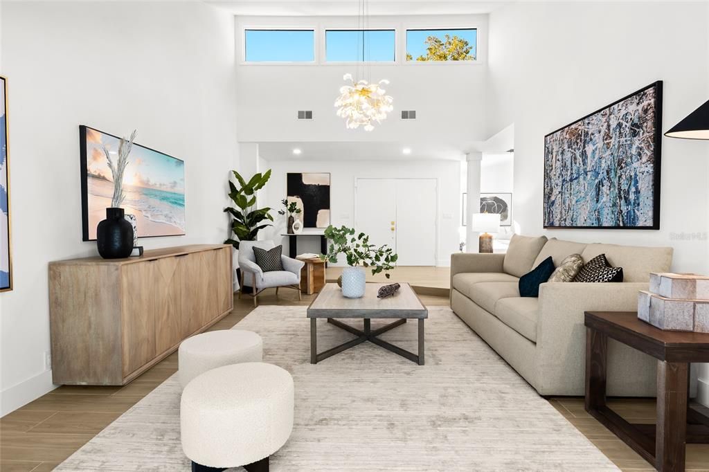Interior, Living room, Pendant Lights, Recessed Lighting, Wood Texture Flooring