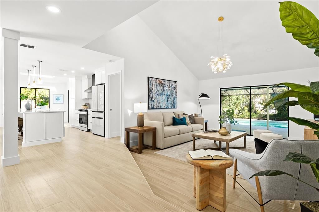 Interior, Kitchen, Living room, Pendant Lights, Recessed Lighting, Stainless Steel Appliances, Wood Texture Flooring