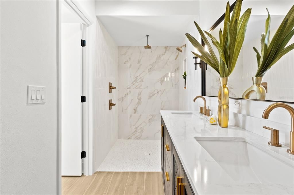 Bathroom, Dual Sink Vanities, Interior, Marble Walls, Wood Texture Flooring