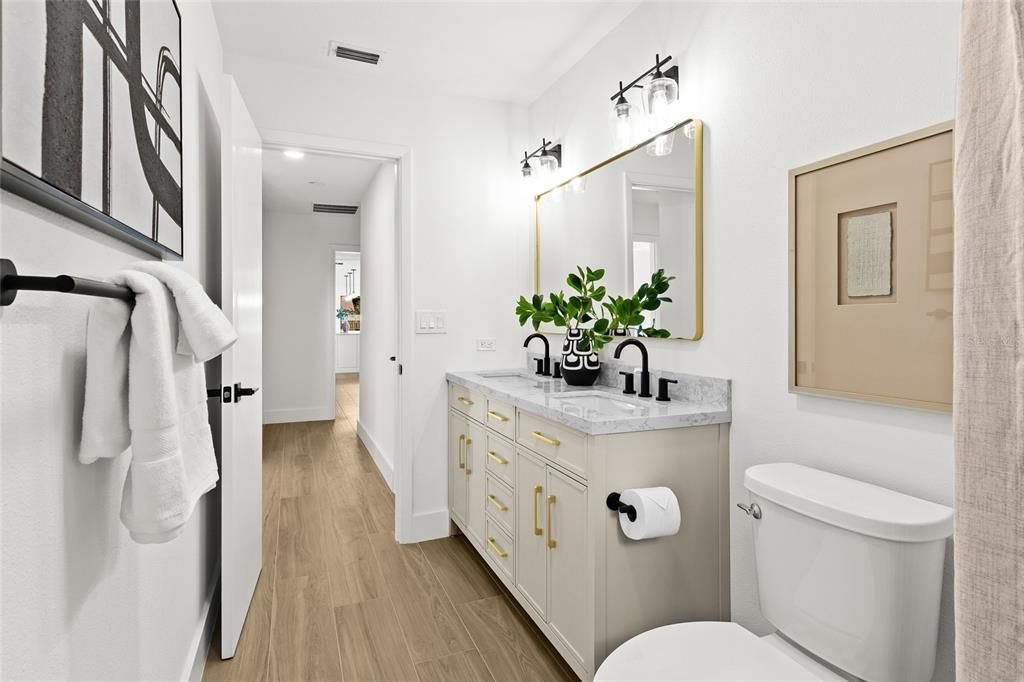 Bathroom, Dual Sink Vanities, Interior, Recessed Lighting, Wood Texture Flooring