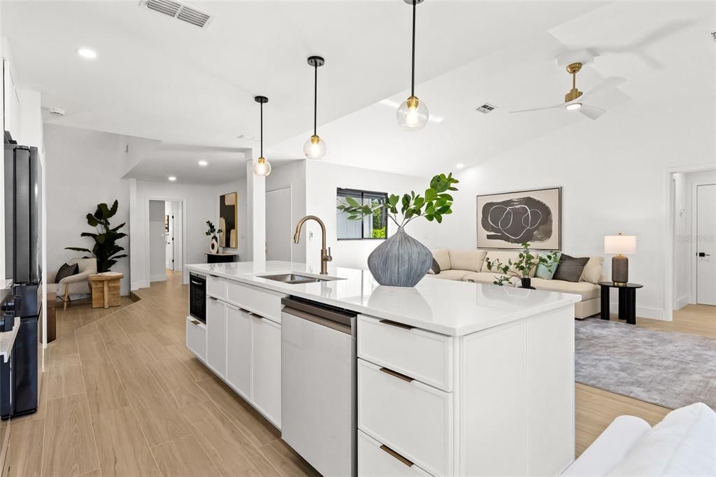 Interior, Kitchen, Pendant Lights, Recessed Lighting, Wood Texture Flooring