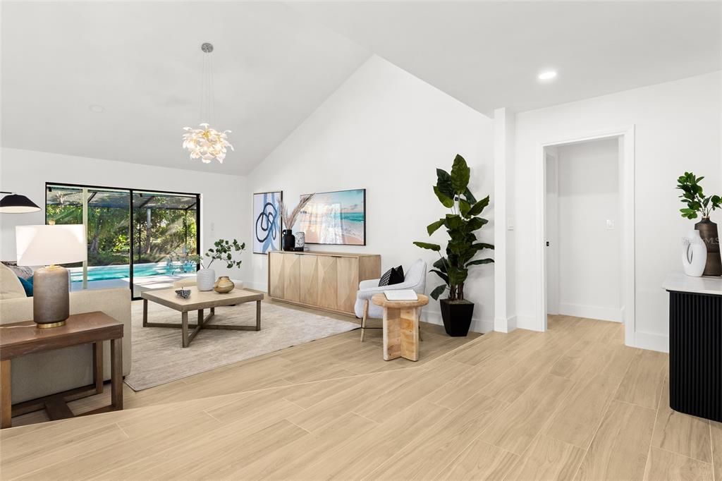 Interior, Living room, Pendant Lights, Recessed Lighting, Wood Texture Flooring