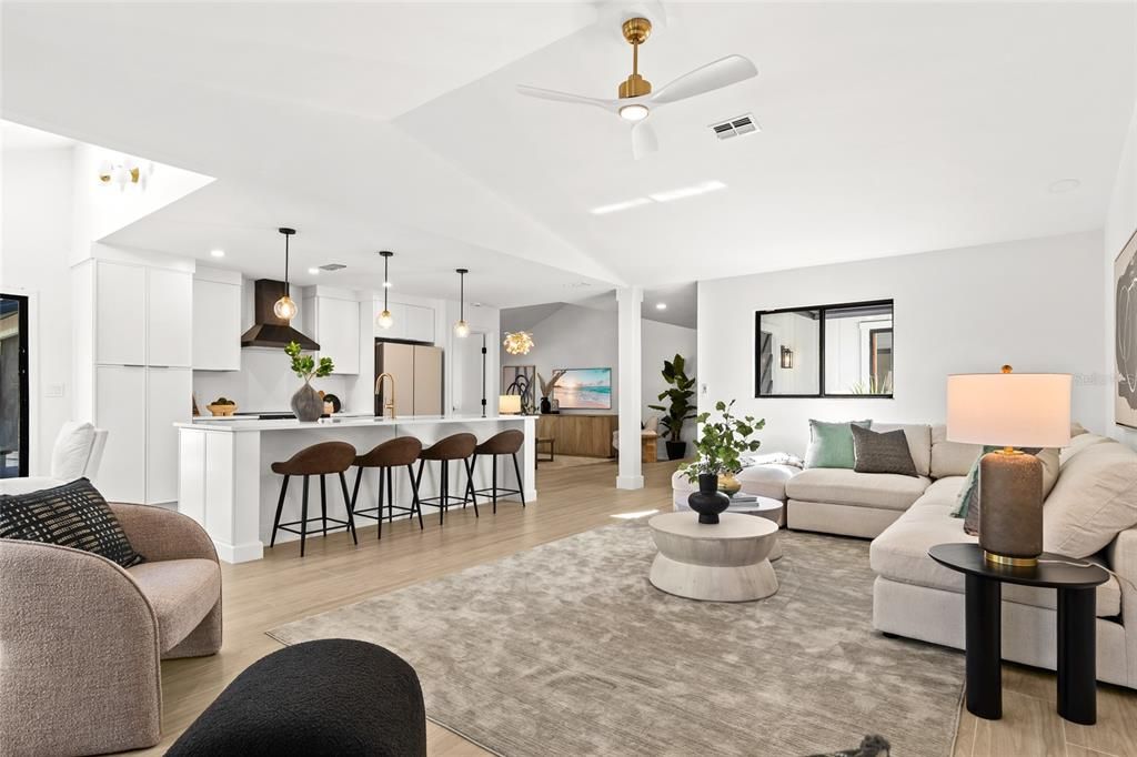 Interior, Kitchen, Living room, Pendant Lights, Recessed Lighting, Wood Texture Flooring