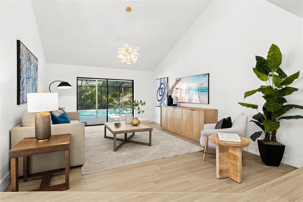 Interior, Living room, Pendant Lights, Wood Texture Flooring