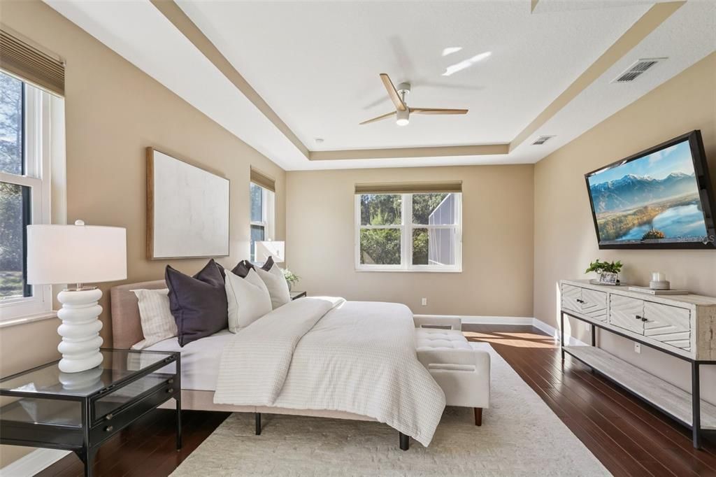 Bedroom, Interior, Recessed Lighting, Wood Texture Flooring