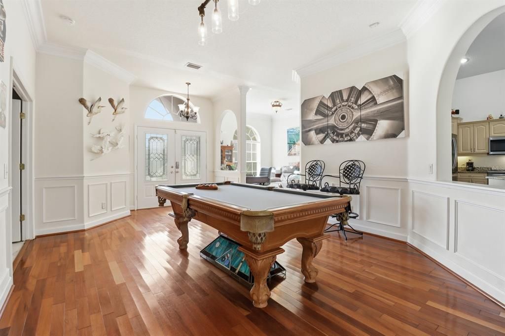 Billiard Table, Chandelier, Game Room, Interior, Recessed Lighting, Wood Texture Flooring