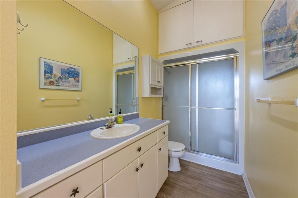 Bathroom, Glass Shower, Interior, Wood Texture Flooring