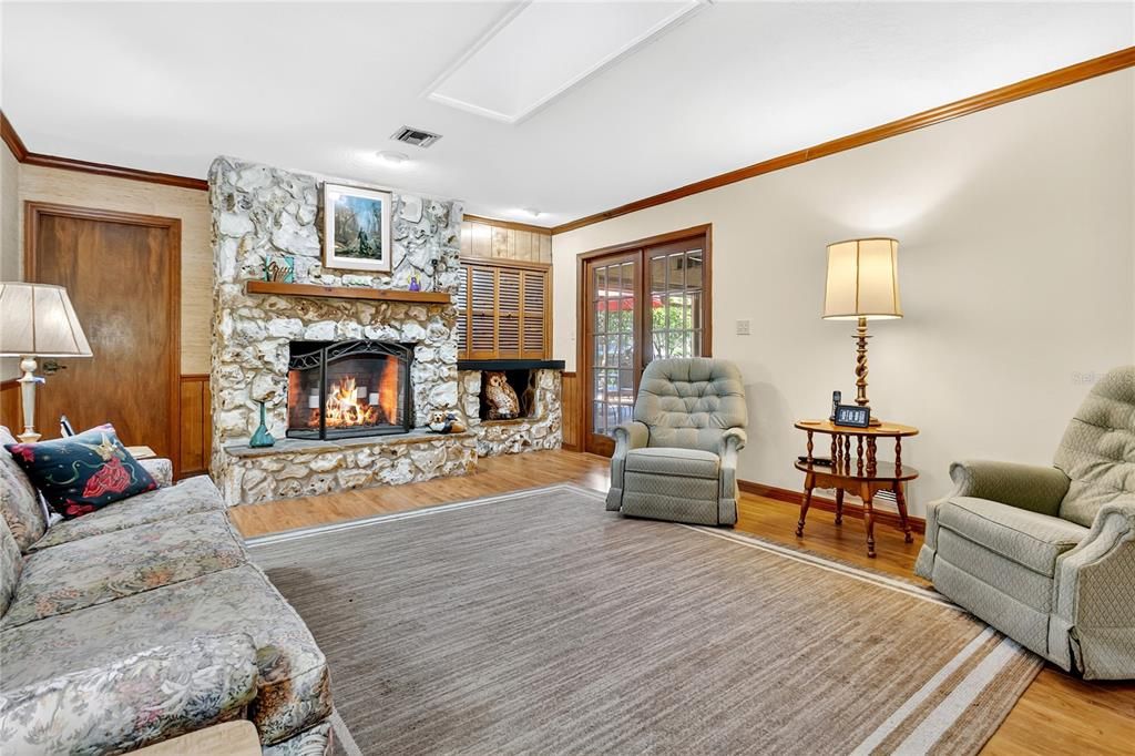 Fireplace, Interior, Living room, Stone Walls, Wood Texture Flooring