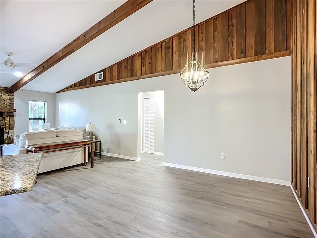 Empty room, Fireplace, Interior, Pendant Lights, Wooden Beams, Wood Texture Flooring