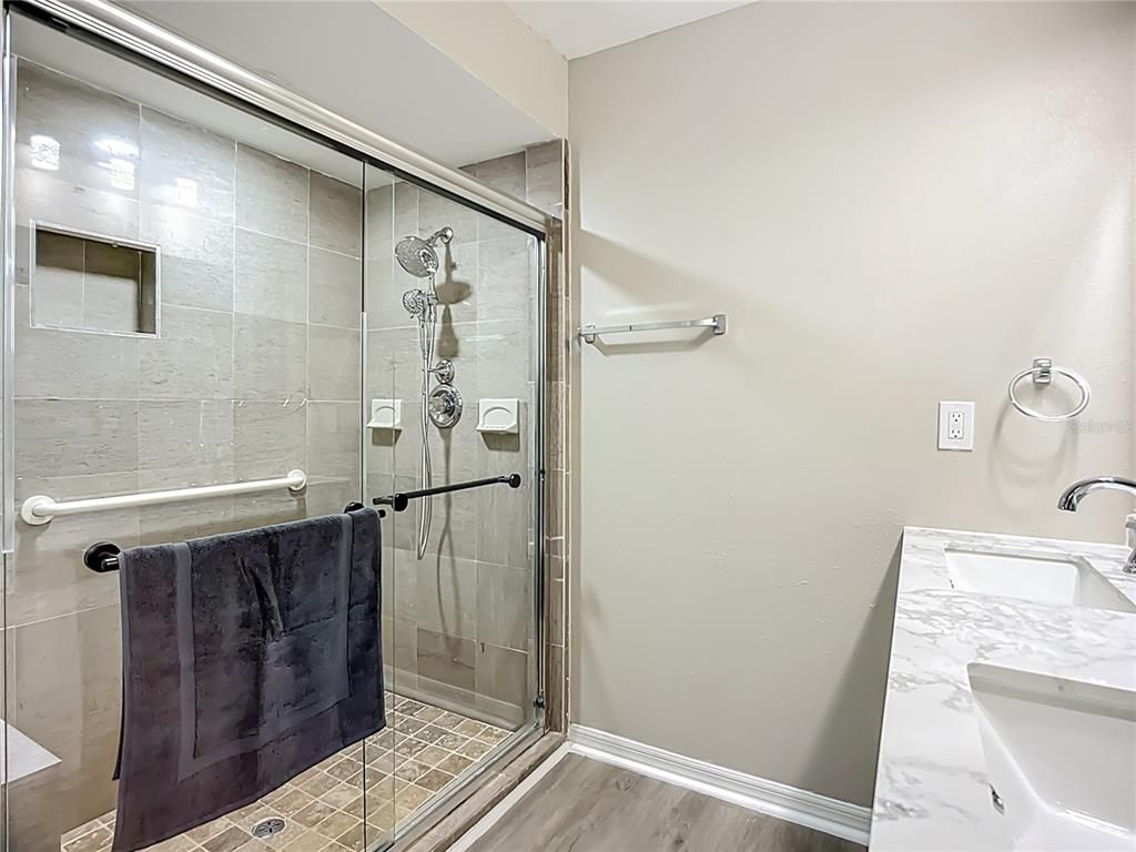 Bathroom, Glass Shower, Interior, Wood Texture Flooring