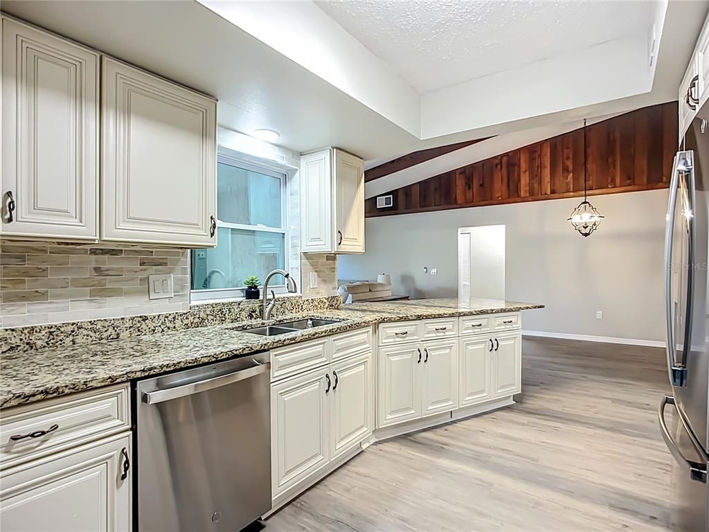 Interior, Kitchen, Pendant Lights, Stainless Steel Appliances, Wood Texture Flooring