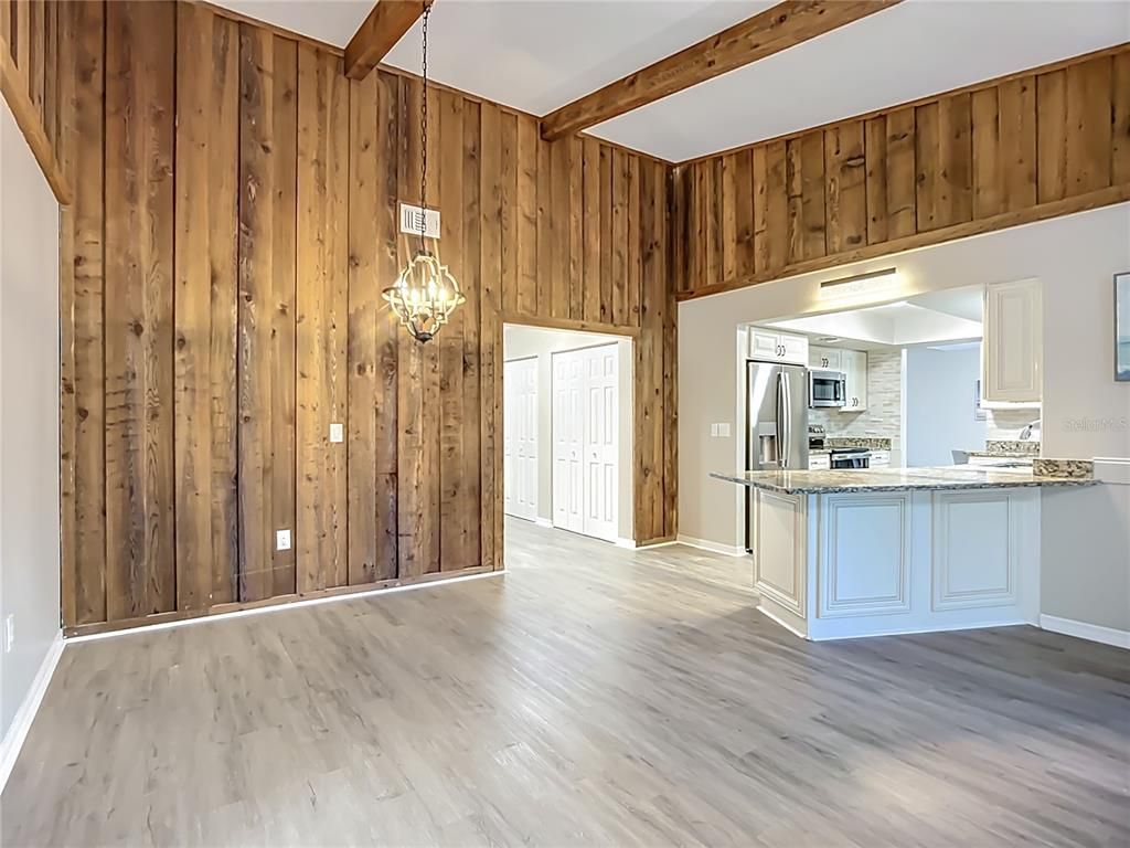 Empty room, Interior, Kitchen, Stainless Steel Appliances, Wooden Beams, Wood Texture Flooring, Wooden Walls