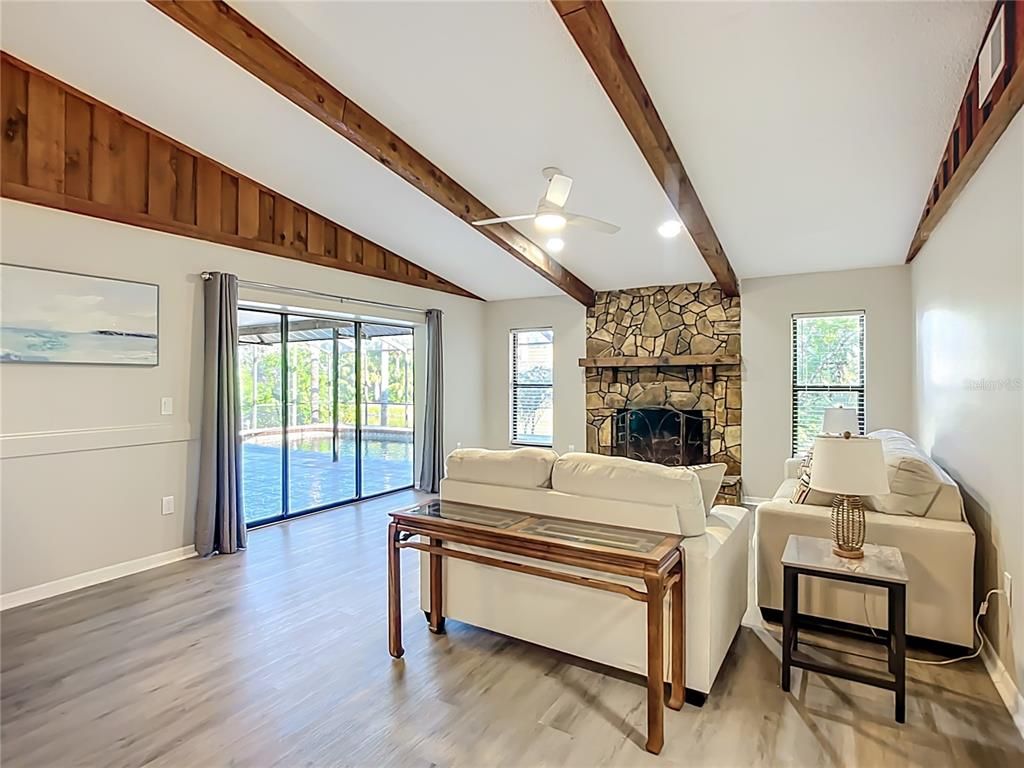 Fireplace, Interior, Living room, Stone Walls, Wooden Beams, Wood Texture Flooring