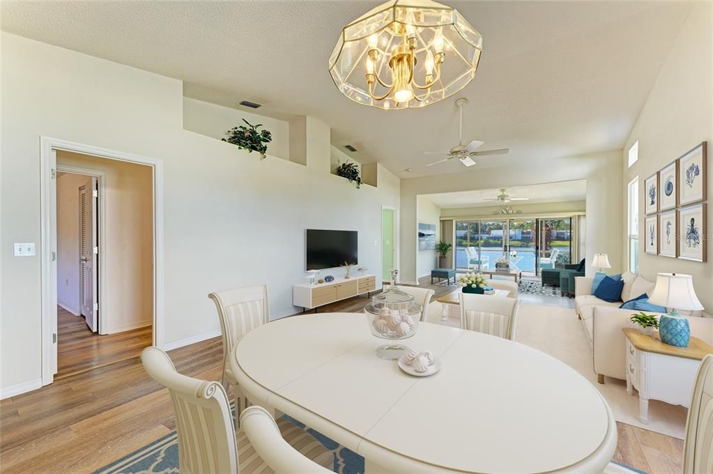 Chandelier, Dining room, Interior, Living room, Water, Wood Texture Flooring