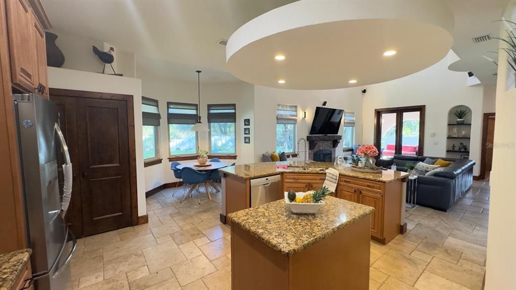 Dining room, Fireplace, Interior, Kitchen, Living room, Pendant Lights, Recessed Lighting