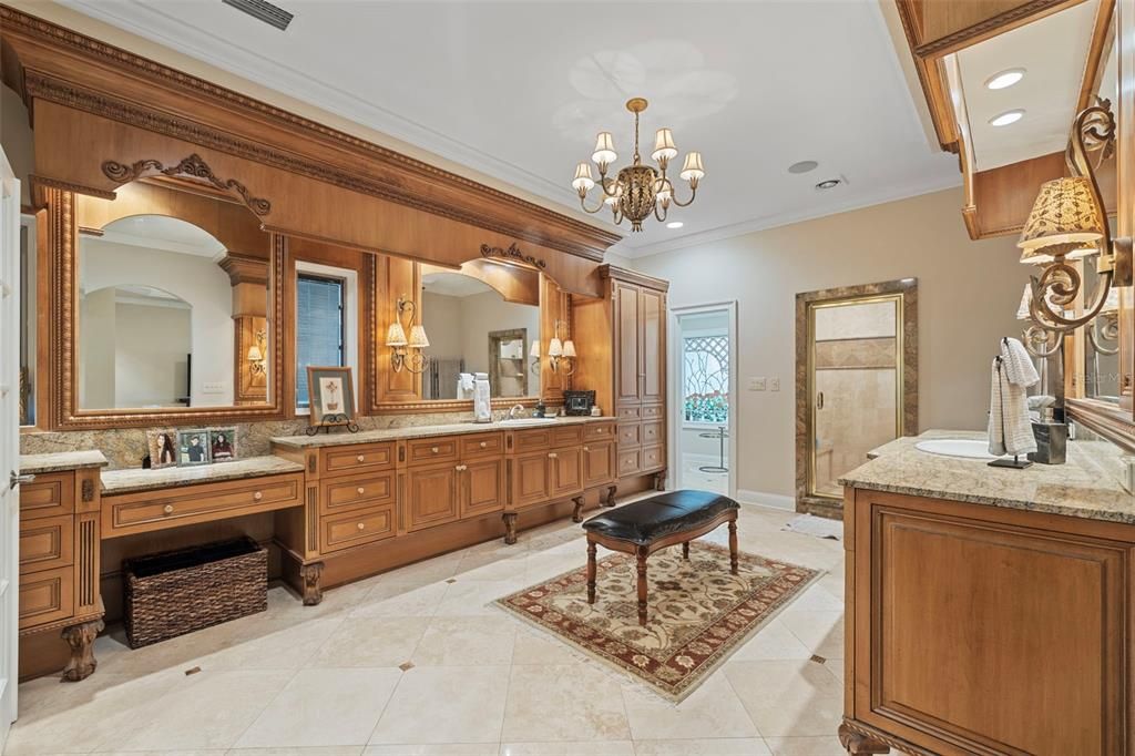 Bathroom, Chandelier, Dual Sink Vanities, Interior, Recessed Lighting