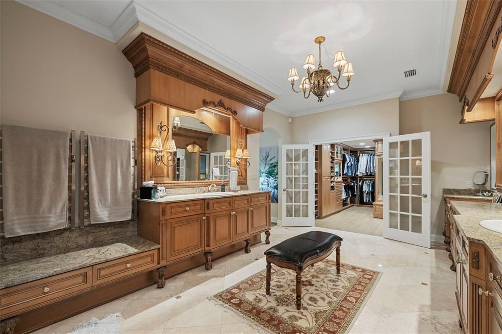 Bathroom, Chandelier, Dual Sink Vanities, Interior, Recessed Lighting