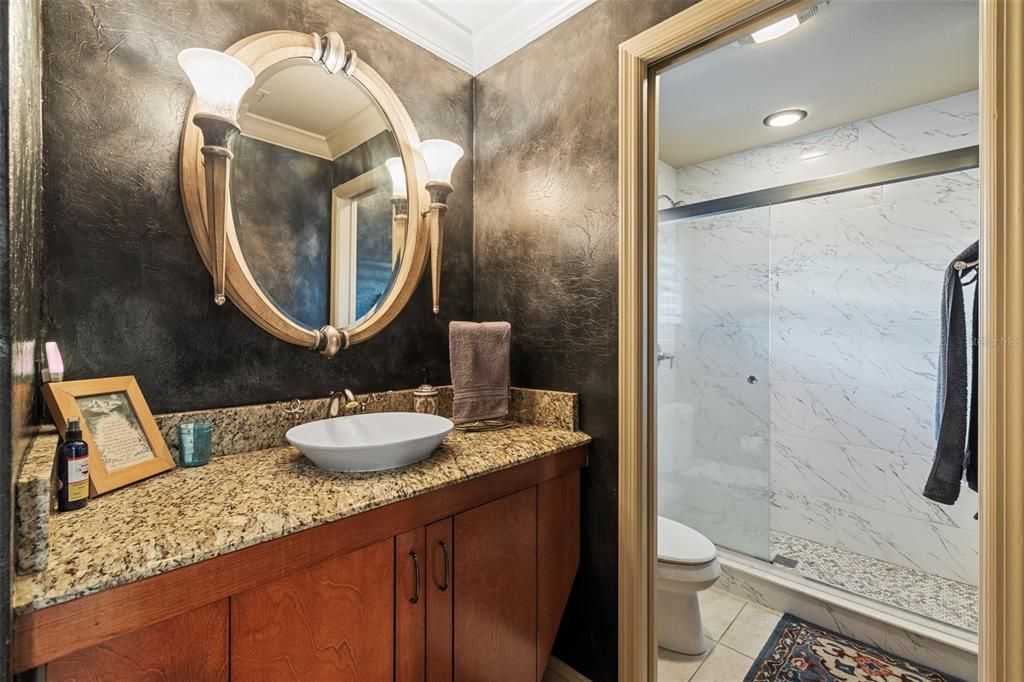 Bathroom, Glass Shower, Interior, Marble Walls, Recessed Lighting