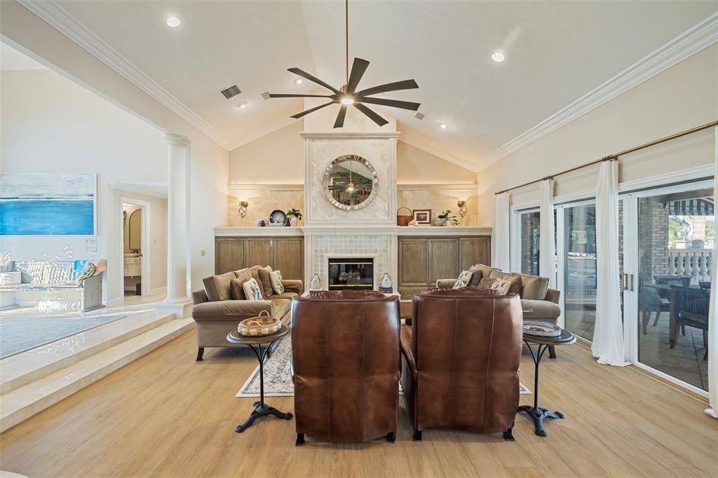 Fireplace, Interior, Living room, Recessed Lighting, Wood Texture Flooring