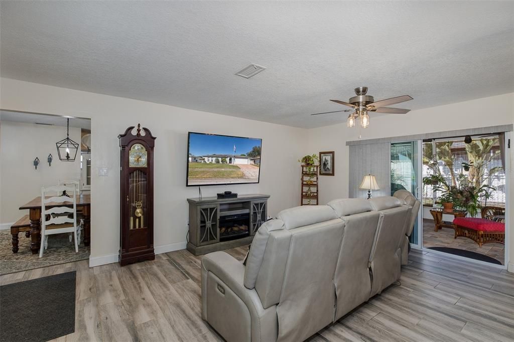 Dining room, Fireplace, Interior, Living room, Wood Texture Flooring