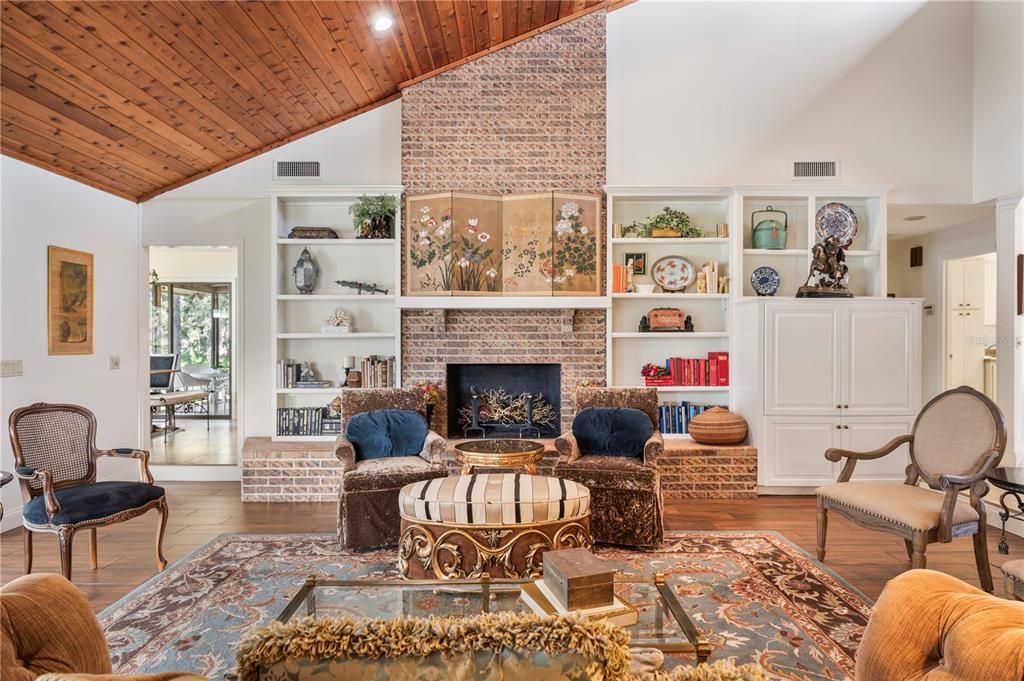 Fireplace, Interior, Living room, Recessed Lighting, Stone Walls, Wooden Ceilings, Wood Texture Flooring